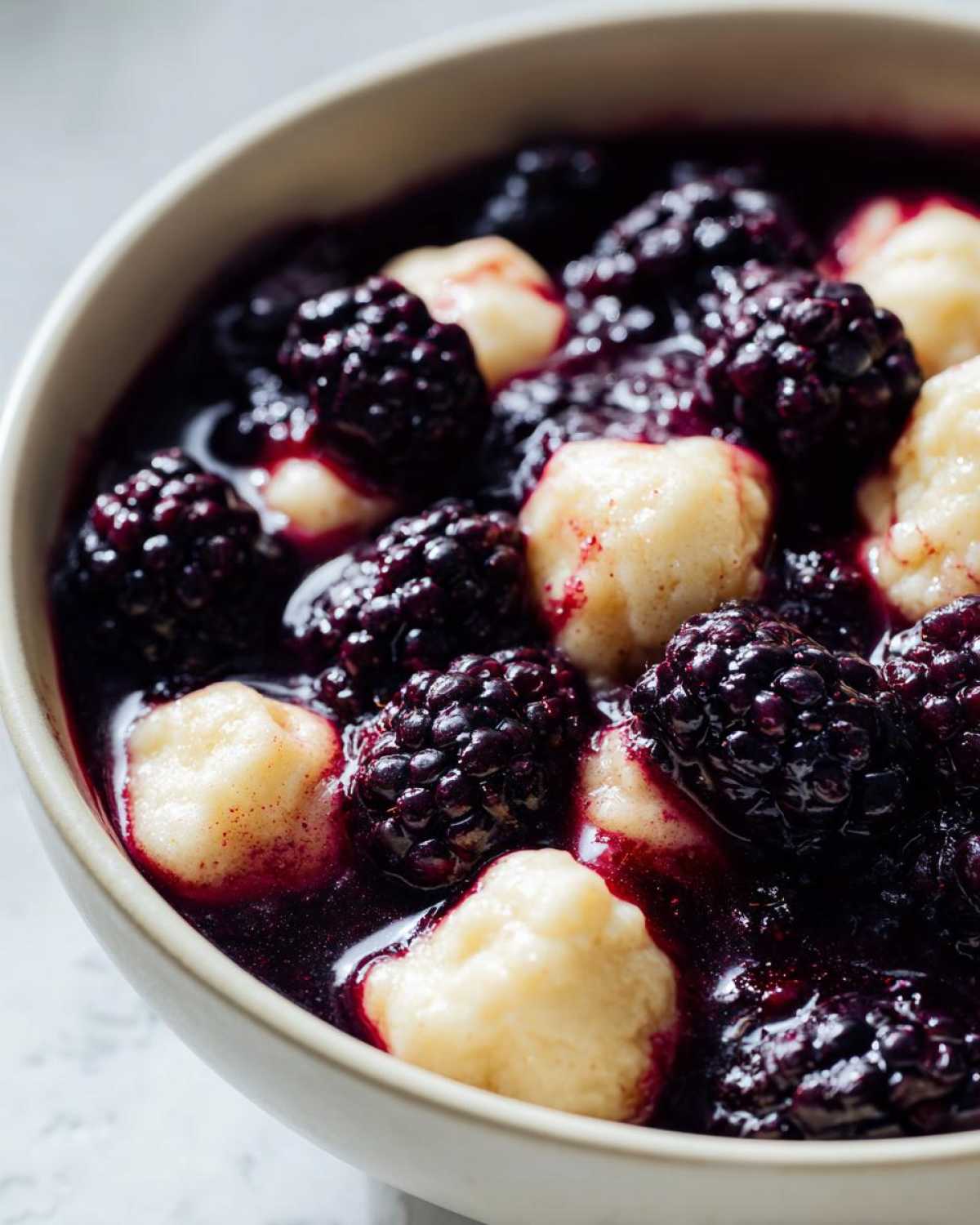 A close-up shot of warm Blackberry Dumplings served in a light bowl, swimming in rich, dark blackberry sauce.