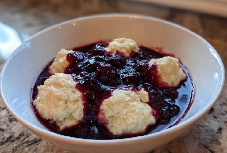 A white bowl filled with warm Blackberry Dumplings swimming in a rich, dark purple blackberry sauce.
