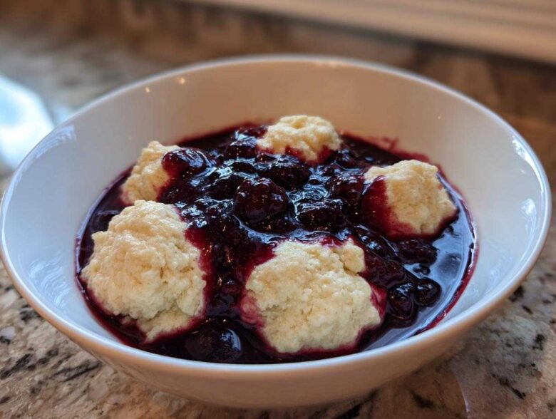 A white bowl filled with warm Blackberry Dumplings swimming in a rich, dark purple blackberry sauce.