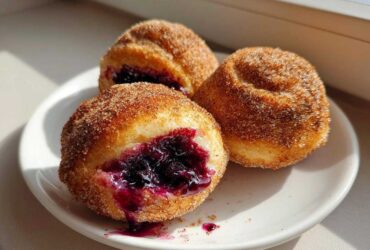 Three golden, cinnamon-sugar coated Blueberry Pie Bombs, one cut open revealing rich blueberry filling, sitting on a white plate.