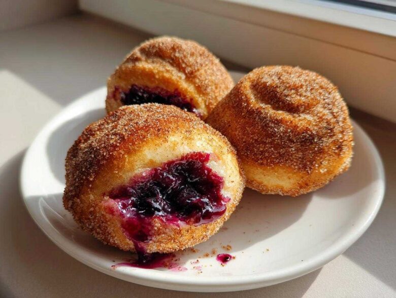 Three golden, cinnamon-sugar coated Blueberry Pie Bombs, one cut open revealing rich blueberry filling, sitting on a white plate.