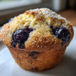 Close-up of a single, moist blueberry protein muffin topped with coarse sugar crystals.