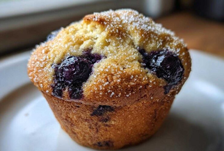 Close-up of a single, moist blueberry protein muffin topped with coarse sugar crystals.