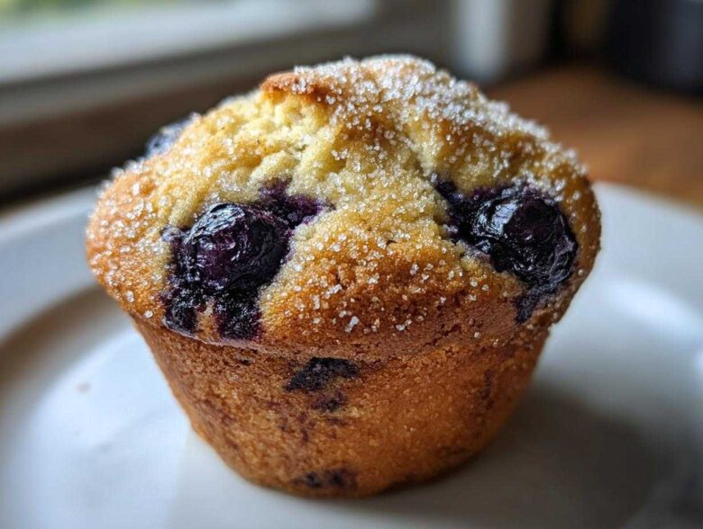 Close-up of a single, moist blueberry protein muffin topped with coarse sugar crystals.