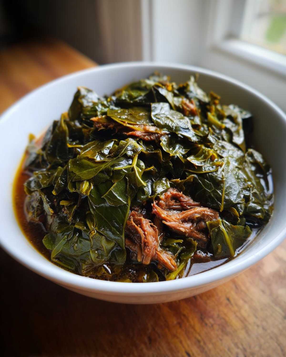 A white bowl filled with rich, dark green collard greens stewed with shredded meat in savory pot liquor.