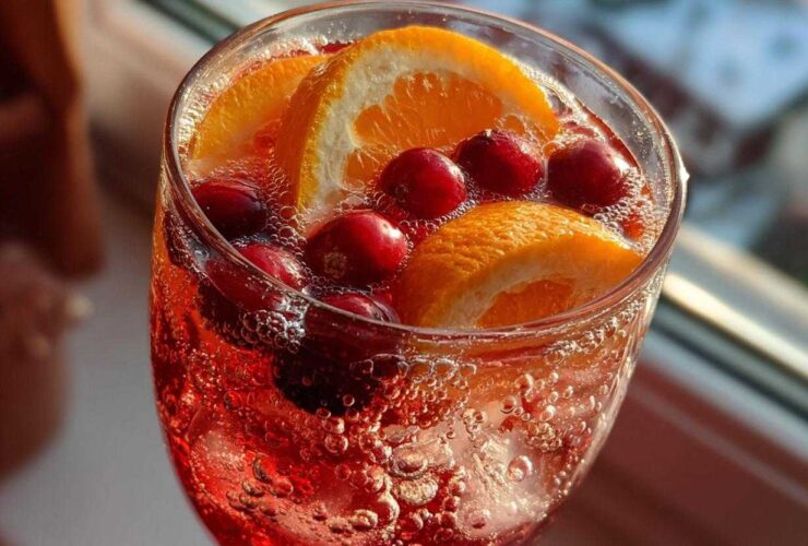 Close-up of a glass filled with bubbly, red non-alcoholic Christmas punch garnished with orange slices and fresh cranberries.