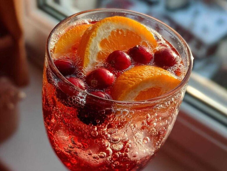 Close-up of a glass filled with bubbly, red non-alcoholic Christmas punch garnished with orange slices and fresh cranberries.