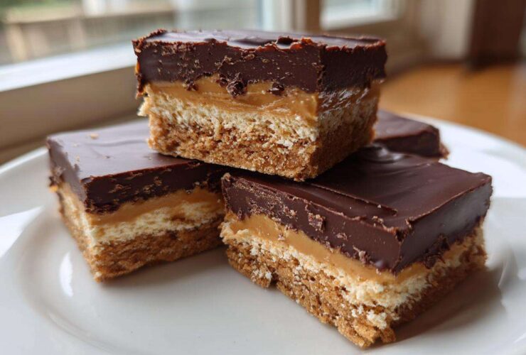 Three stacked and arranged squares of rich buckeye graham crackers bars with chocolate topping and caramel layer.