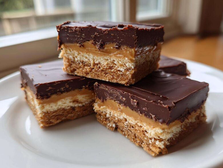 Three stacked and arranged squares of rich buckeye graham crackers bars with chocolate topping and caramel layer.