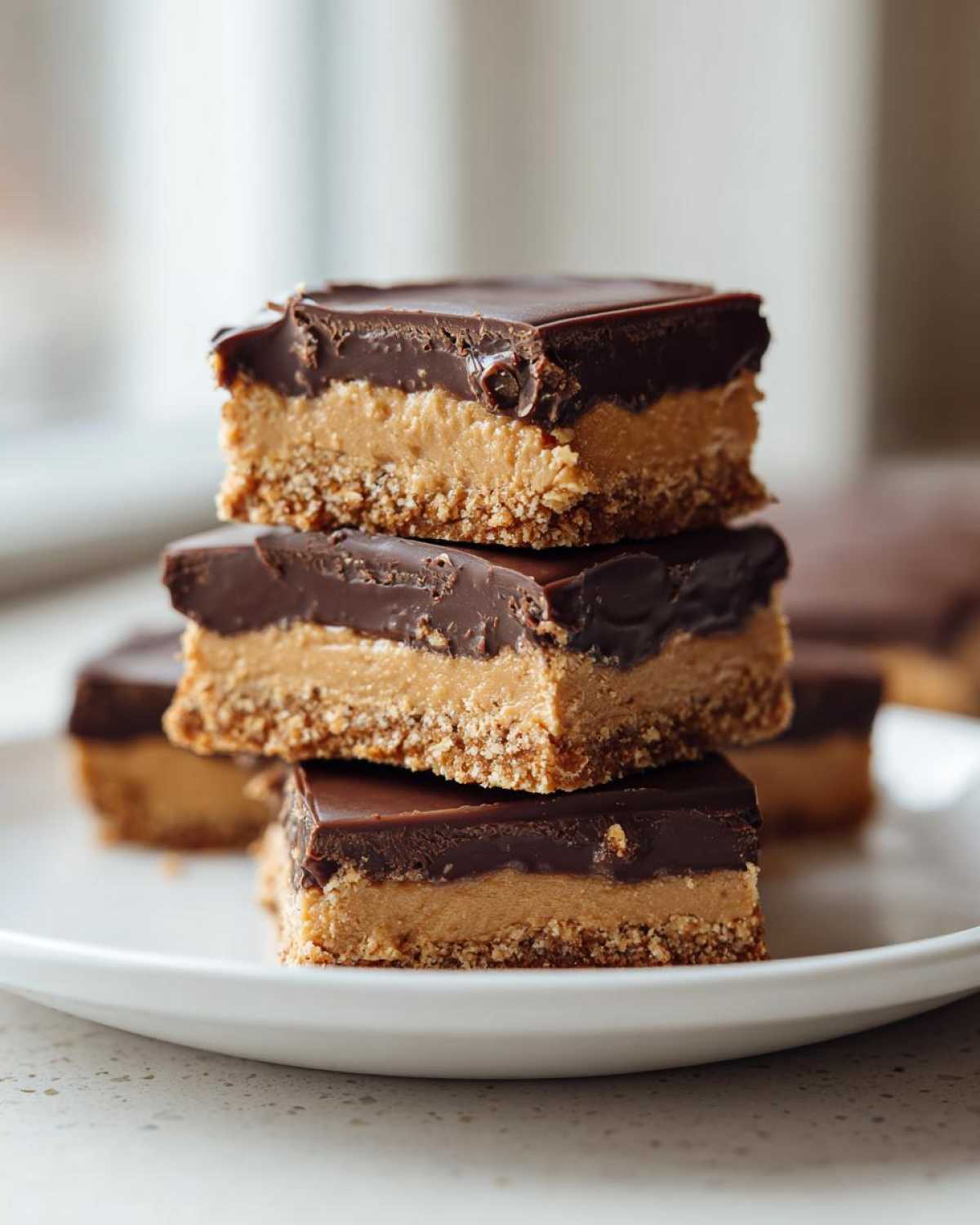 Three stacked squares of buckeye graham crackers showing a crust, peanut butter layer, and chocolate topping.