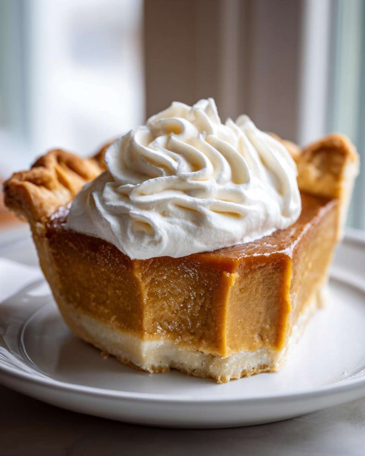 A close-up of a rich slice of butterscotch pie topped with a generous swirl of whipped cream, sitting on a white plate.
