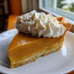 A close-up of a rich, golden slice of butterscotch pie topped with a generous swirl of white whipped cream.