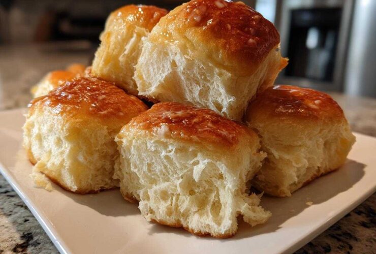 A stack of fluffy, golden-brown buttery rolls brushed with a shiny glaze, showing their soft interior.