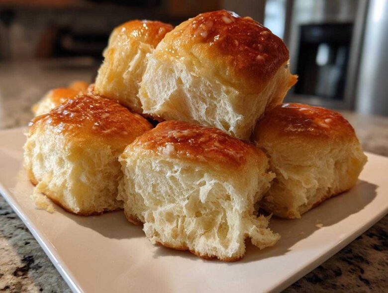 A stack of fluffy, golden-brown buttery rolls brushed with a shiny glaze, showing their soft interior.