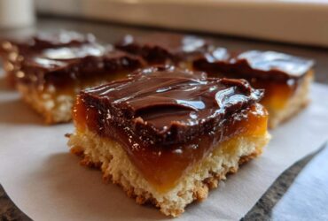 Close-up of a layered caramel ritz cracker christmas cookies bar with a buttery base, thick caramel, and chocolate topping.