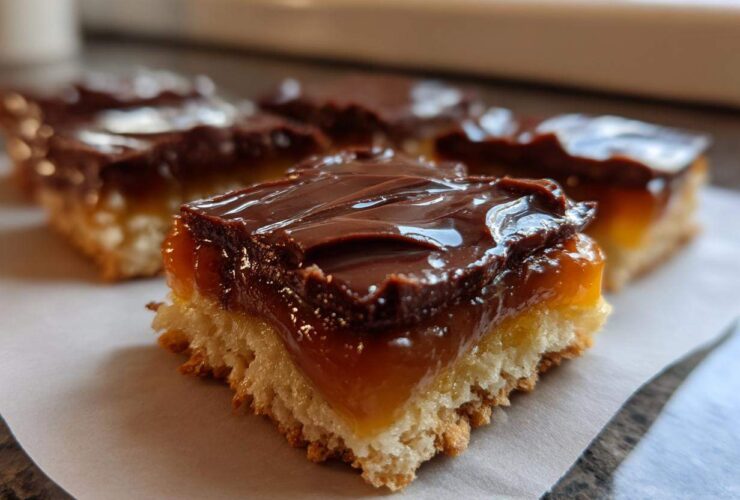 Close-up of a layered caramel ritz cracker christmas cookies bar with a buttery base, thick caramel, and chocolate topping.
