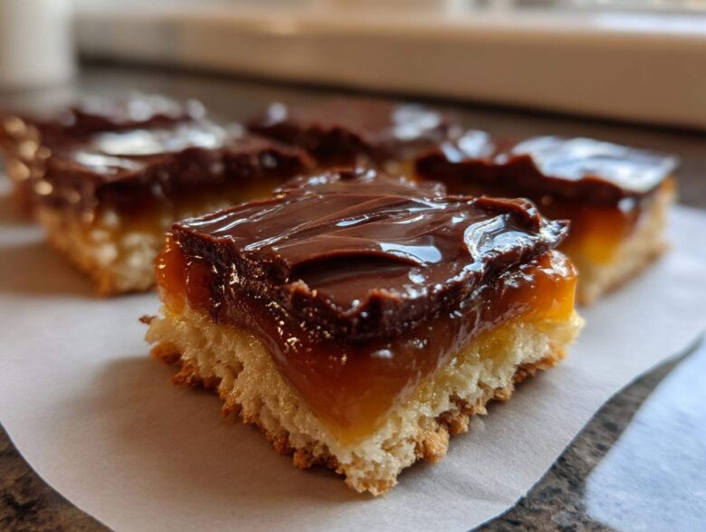Close-up of a layered caramel ritz cracker christmas cookies bar with a buttery base, thick caramel, and chocolate topping.