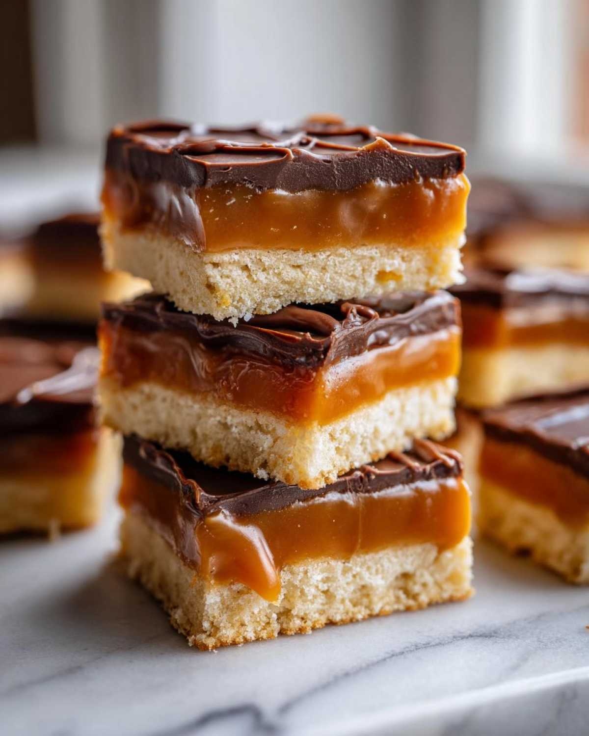 Three stacked squares of caramel ritz cracker christmas cookies bars showing a shortbread base, thick caramel layer, and chocolate topping.
