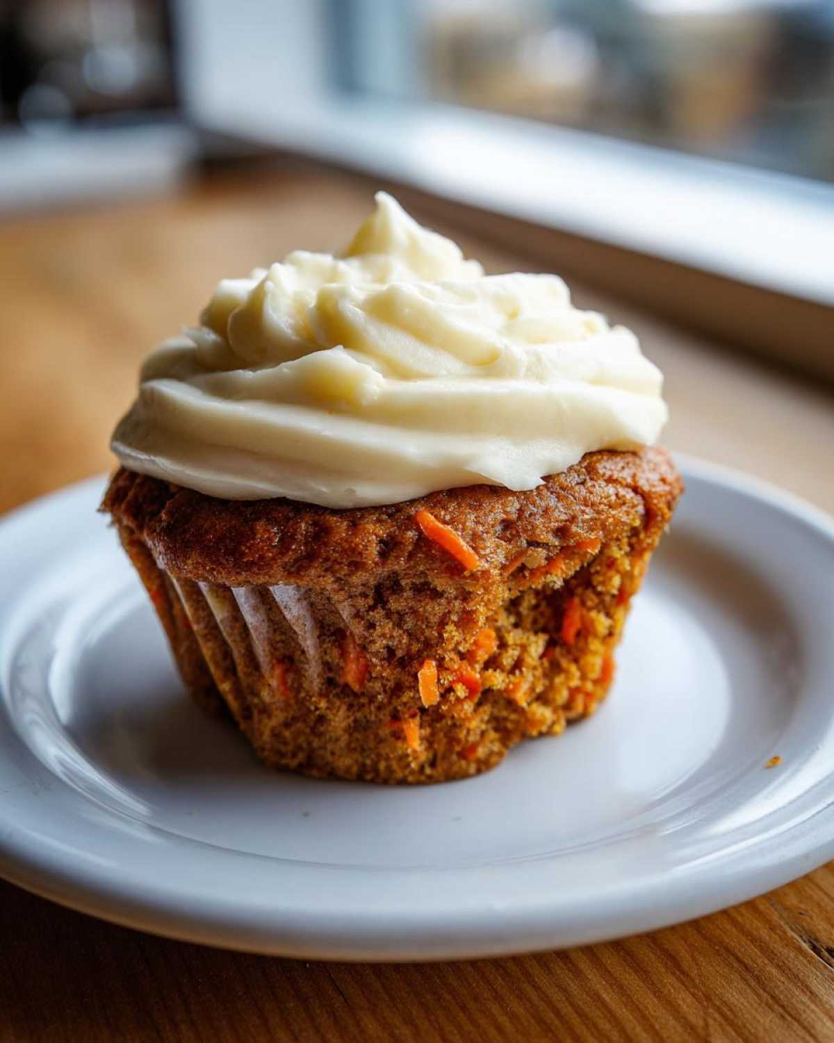 A close-up of a moist carrot cake muffin topped with thick cream cheese frosting, sitting on a white plate.