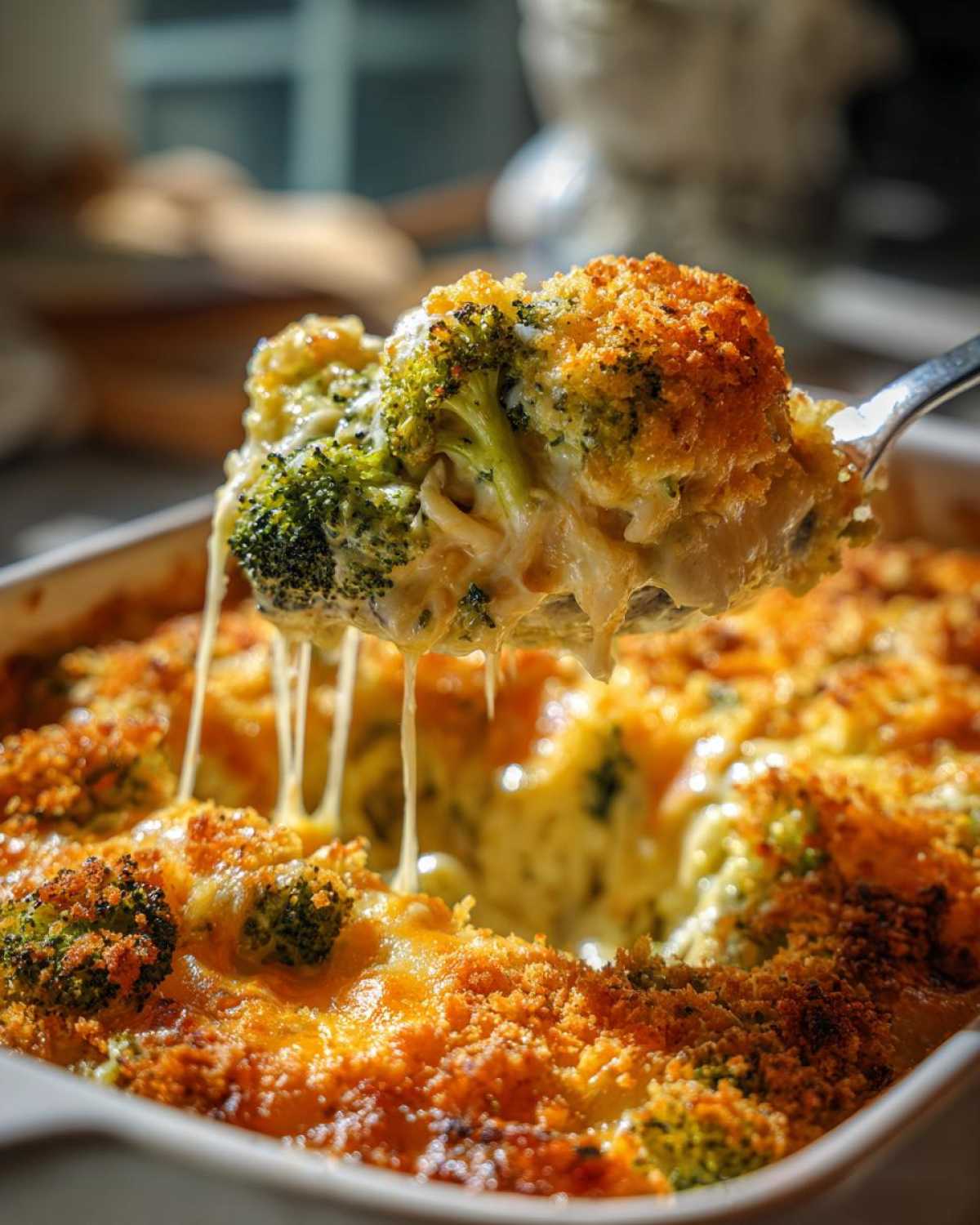 A spoonful of creamy Chicken Divan casserole, showing melted cheese strings and a crispy topping.