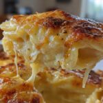 Close-up of a serving spoon lifting cheesy, creamy scalloped potatoes with a golden-brown, herbed crust.