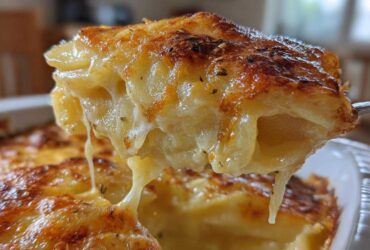 Close-up of a serving spoon lifting cheesy, creamy scalloped potatoes with a golden-brown, herbed crust.