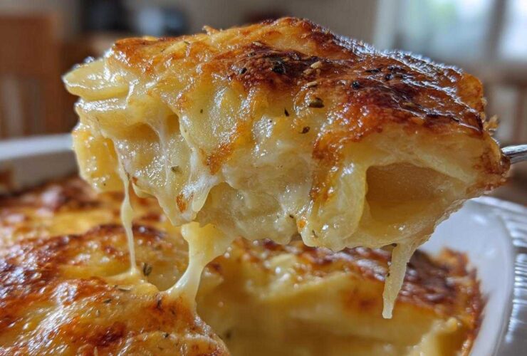 Close-up of a serving spoon lifting cheesy, creamy scalloped potatoes with a golden-brown, herbed crust.