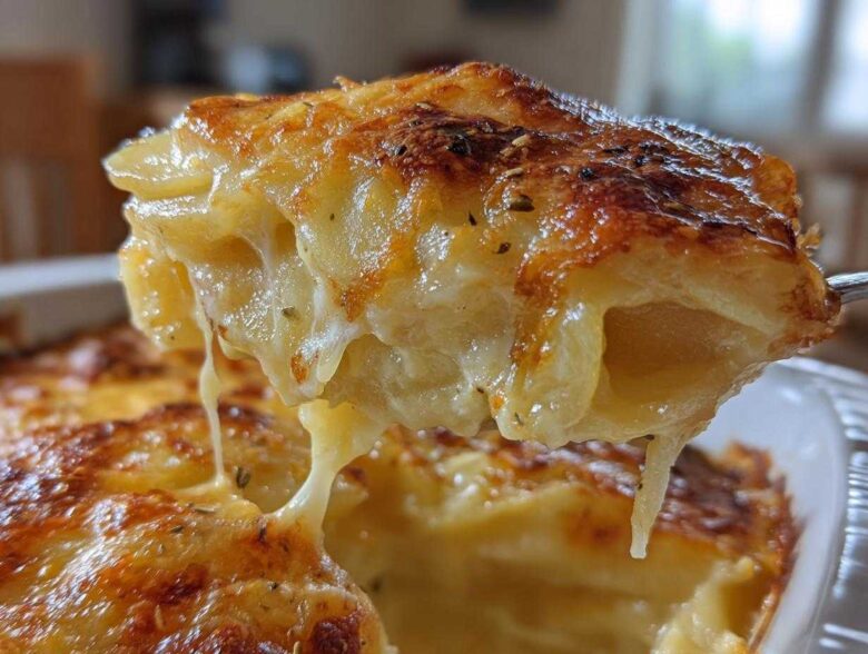 Close-up of a serving spoon lifting cheesy, creamy scalloped potatoes with a golden-brown, herbed crust.