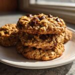 A stack of three chewy banana oatmeal cookies topped with chocolate chips resting on a white plate.
