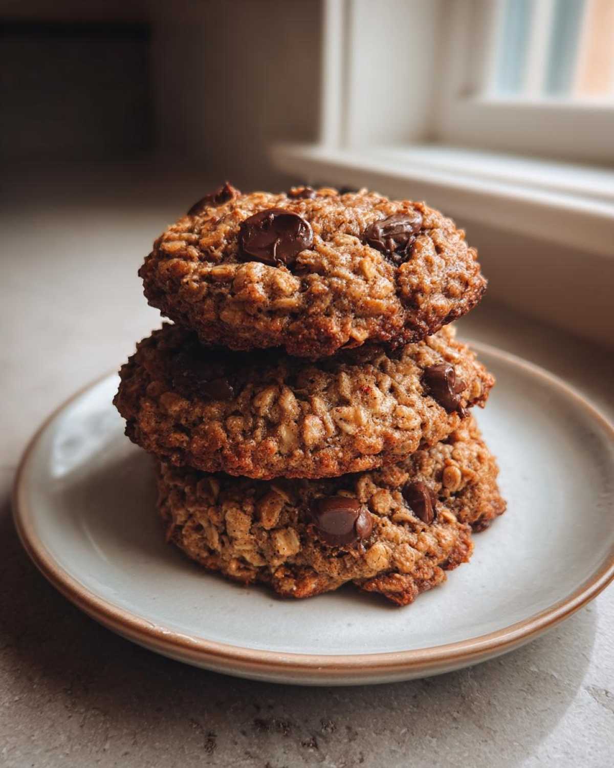 A stack of three chewy banana oatmeal cookies loaded with melted chocolate chips sitting on a small ceramic plate.