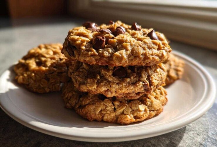 A stack of three chewy banana oatmeal cookies topped with chocolate chips resting on a white plate.