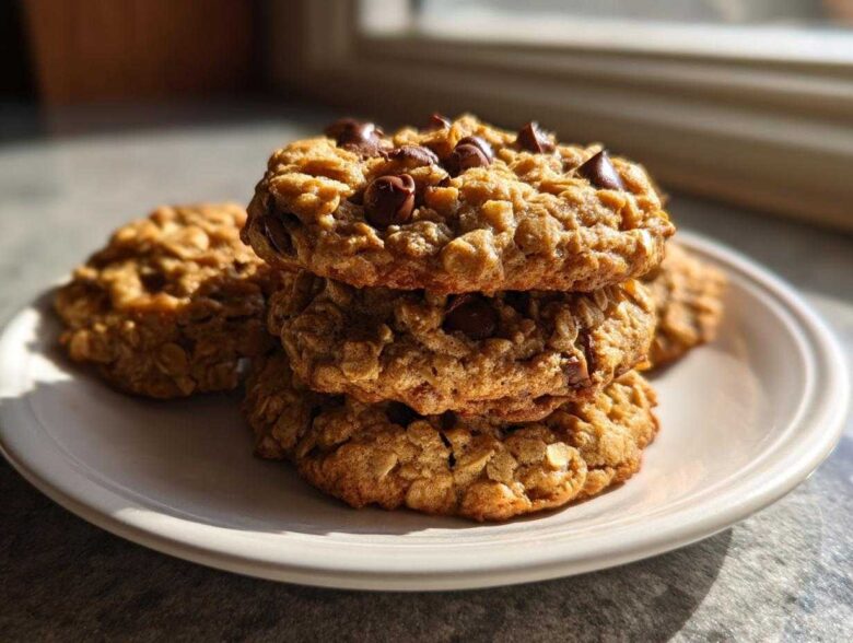 A stack of three chewy banana oatmeal cookies topped with chocolate chips resting on a white plate.