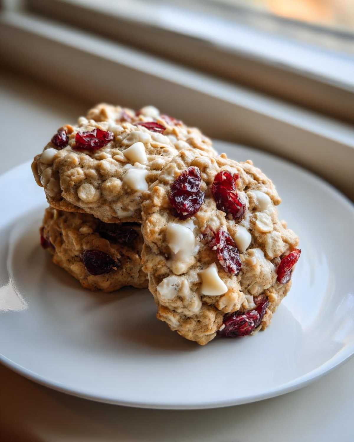 Close-up of a stack of chewy cranberry oatmeal cookies featuring visible dried cranberries and white chocolate chips.