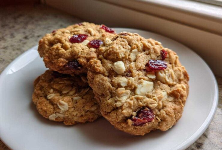 Three chewy cranberry oatmeal cookies stacked slightly on a white plate near a window.