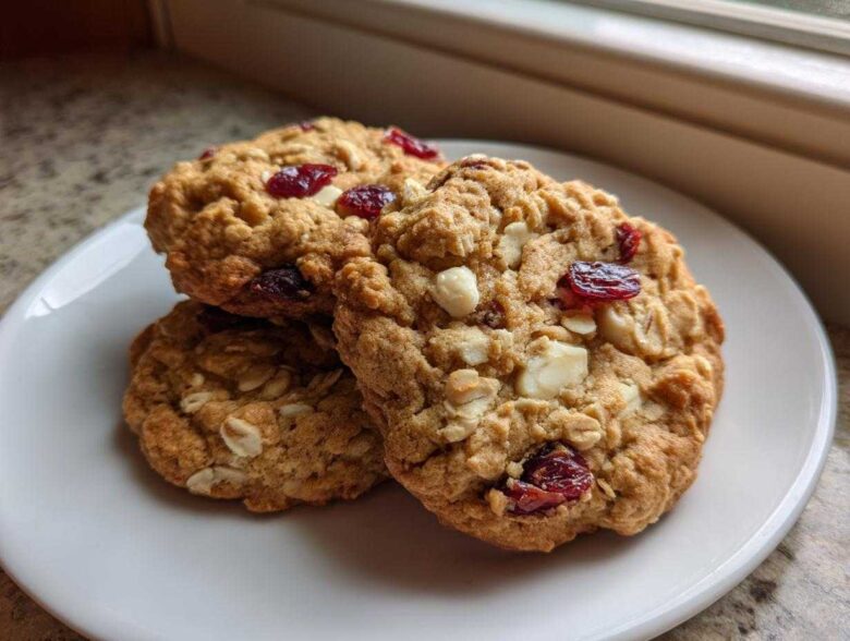 Three chewy cranberry oatmeal cookies stacked slightly on a white plate near a window.