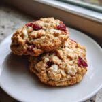 Two chewy cranberry oatmeal cookies with white chocolate chips stacked slightly on a white plate near a window.