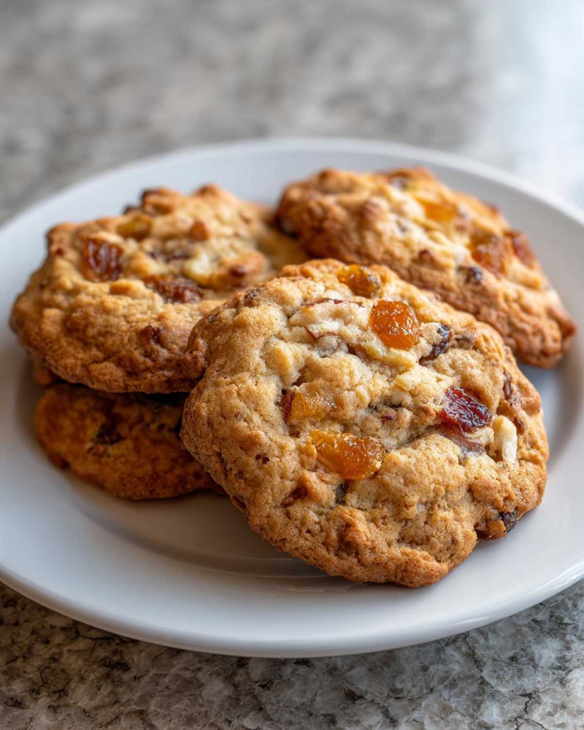 Close-up of several chewy fruitcake cookies loaded with dried fruit, resting on a white plate.