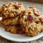 A close-up stack of chewy fruitcake cookies topped with pecans, dried cranberries, and a light glaze.