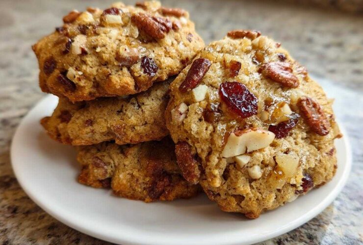 A close-up stack of chewy fruitcake cookies topped with pecans, dried cranberries, and a light glaze.