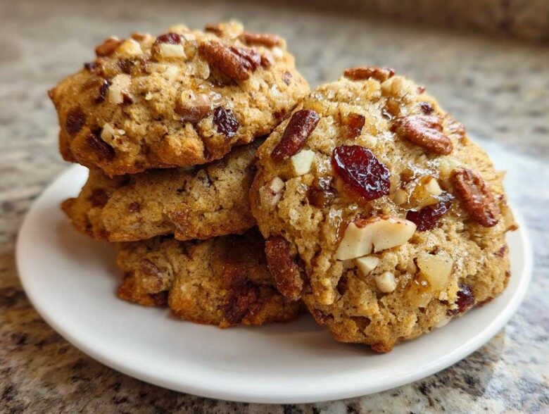 A close-up stack of chewy fruitcake cookies topped with pecans, dried cranberries, and a light glaze.