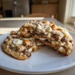 Close-up of a kitchen sink cookie broken in half, showing white chocolate chips, milk chocolate, and pretzels inside.