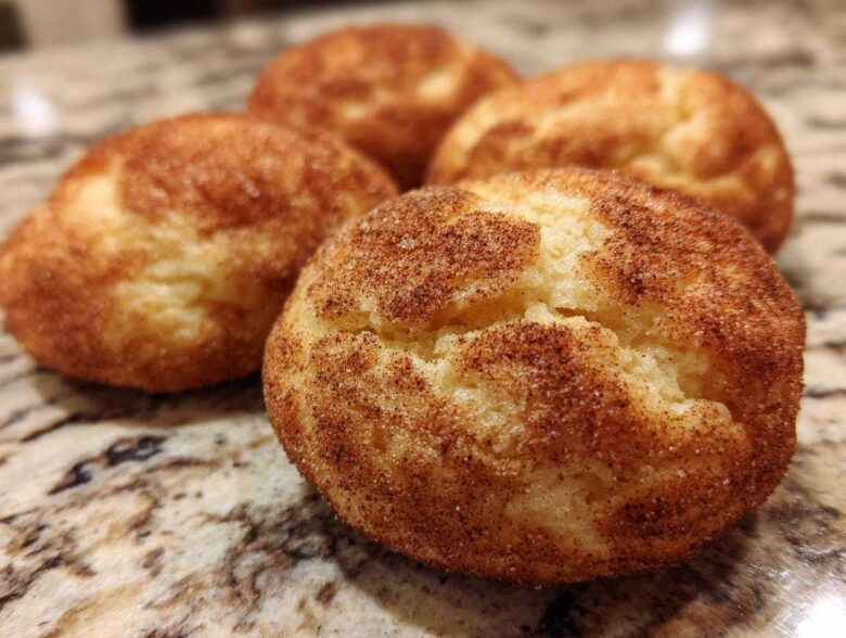 Close-up of four freshly baked, chewy snickerdoodle cookies heavily coated in cinnamon sugar resting on a granite countertop.