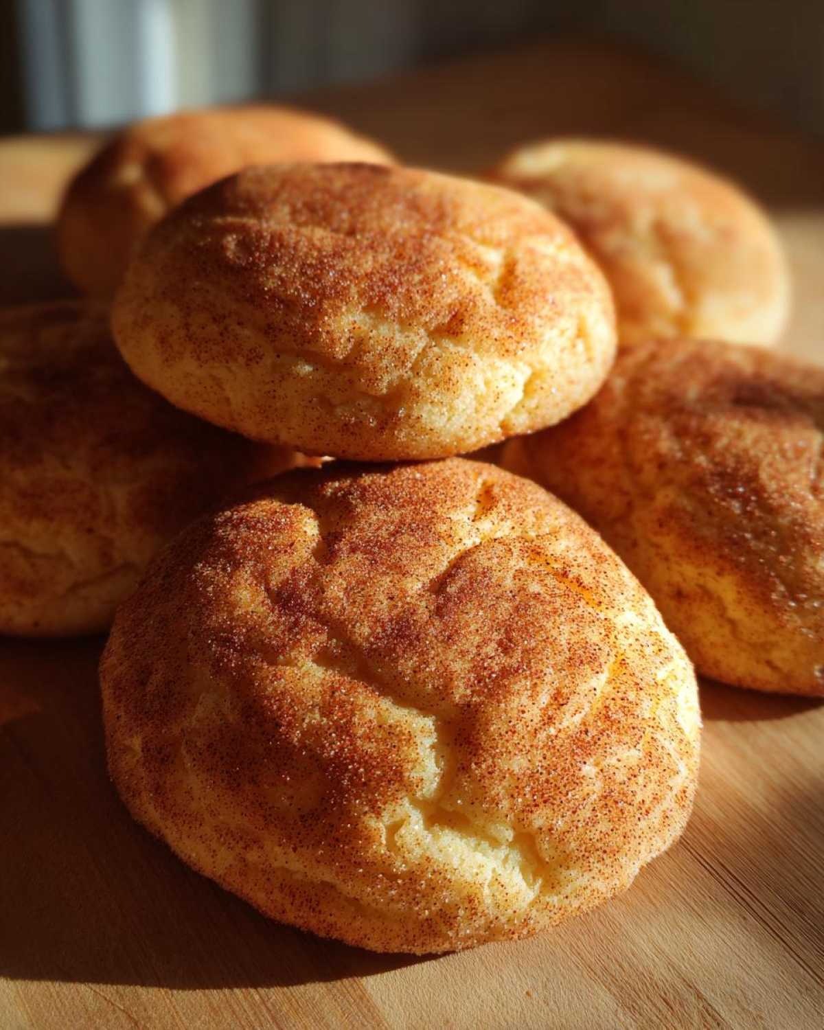 A stack of freshly baked, chewy snickerdoodle cookies coated generously in cinnamon sugar.