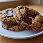 Three thick, chewy sourdough chocolate chip cookies stacked on a white plate with melted chocolate chunks.