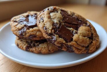 Three thick, chewy sourdough chocolate chip cookies stacked on a white plate with melted chocolate chunks.