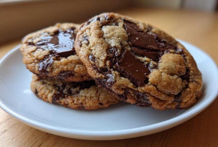 Three thick, chewy sourdough chocolate chip cookies stacked on a white plate with melted chocolate chunks.