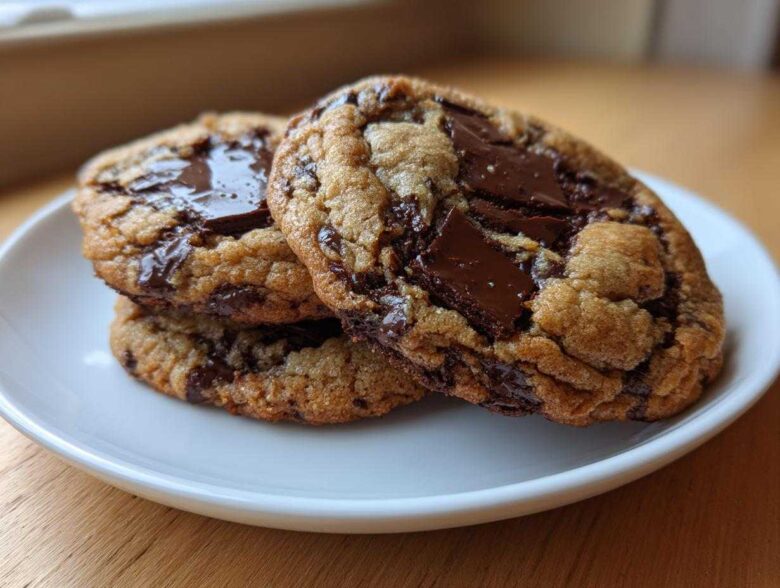 Three thick, chewy sourdough chocolate chip cookies stacked on a white plate with melted chocolate chunks.