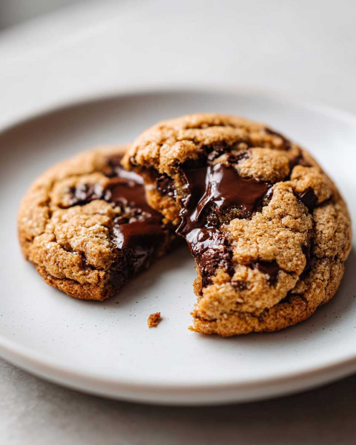 Close-up of a chewy vegan chocolate chip cookie broken in half, showing gooey, melted chocolate.