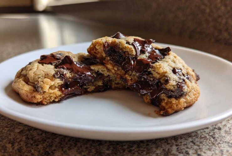 A chewy vegan chocolate chip cookie broken in half showing a gooey, melted chocolate center.