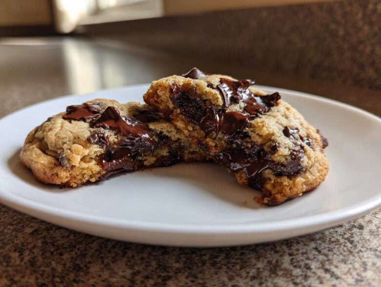 A chewy vegan chocolate chip cookie broken in half showing a gooey, melted chocolate center.